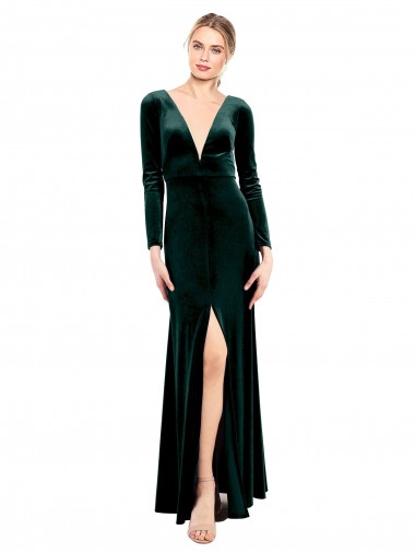 Stretch Velvet A-Line Long Long Sleeves Open Back Black Tie Prom Dress / Bridesmaid Dress Cairns