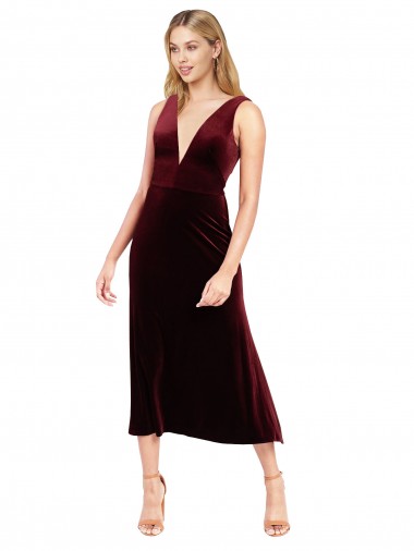 Stretch Velvet A-Line Midi Length Sleeveless V-Back Burgundy Prom Dresses Cairns