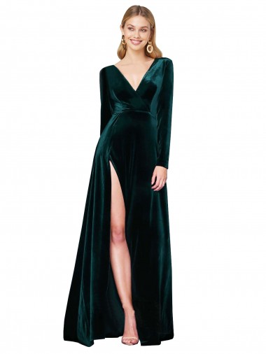 Stretch Velvet A-Line Sweep Train Long Sleeves Black Tie Evening Gown / Prom Dress / Bridesmaid Dress Cairns