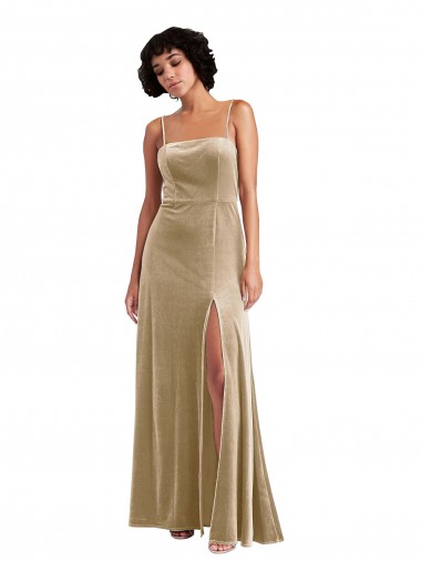 Stretch Velvet A-Line Long Sleeveless Low Back Front Slit Prom Dresses Cairns