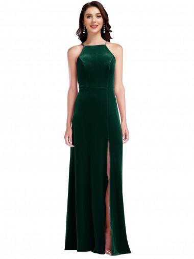 Stretch Velvet A-Line Long Sleeveless Front Slit Prom Dresses Cairns