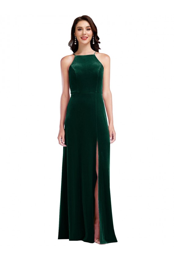 Stretch Velvet A-Line Long Sleeveless Front Slit Prom Dresses Cairns