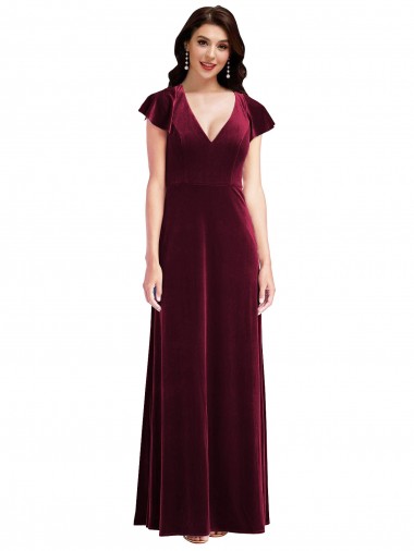 Stretch Velvet A-Line Long Flutter Sleeves Semi Formal Evening Dress / Prom Dress / Bridesmaid Dress Cairns