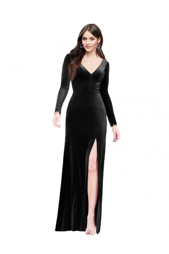 Stretch Velvet Column Long Long Sleeves V-Back Formal Evening Gown / Prom Dress / Bridesmaid Dress Cairns