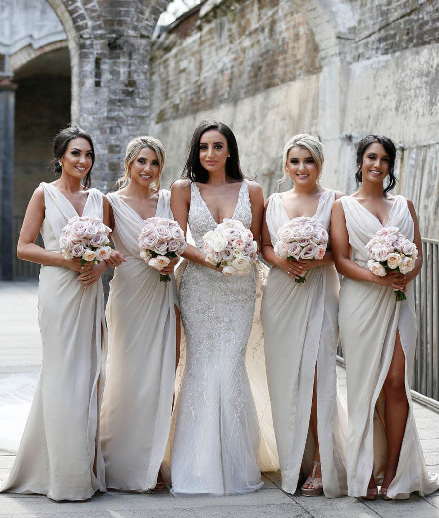 Full Length Luxe Chiffon Long Champagne bridesmaid dresses Cairns with Sexy High Slit and Front Ruffles