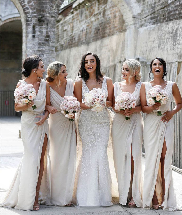 Full Length Luxe Chiffon Long Champagne bridesmaid dresses Cairns with Sexy High Slit and Front Ruffles