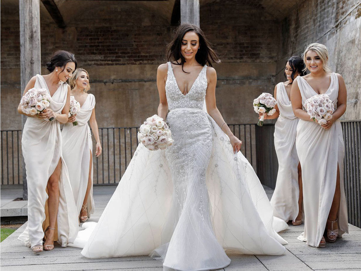 Full Length Luxe Chiffon Long Champagne bridesmaid dresses Cairns with Sexy High Slit and Front Ruffles