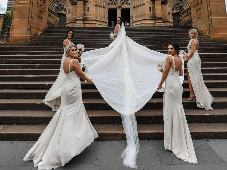 Full Length Luxe Chiffon Long Champagne bridesmaid dresses Cairns with Sexy High Slit and Front Ruffles