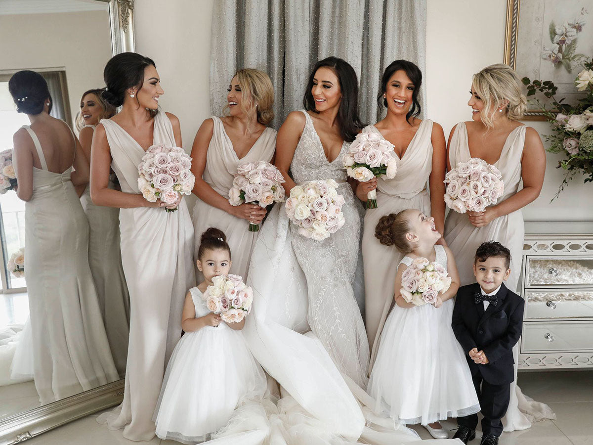 Full Length Luxe Chiffon Long Champagne bridesmaid dresses Cairns with Sexy High Slit and Front Ruffles