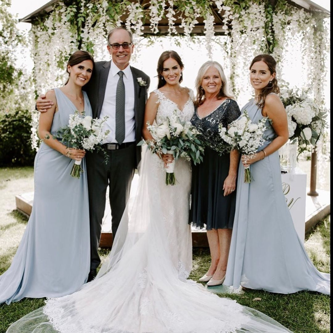 Dusty Blue Full Length Luxe Chiffon Long Champagne bridesmaid dresses Cairns with Sexy High Slit and Front Ruffles