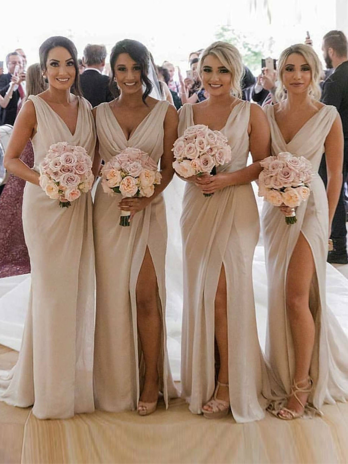 Champagne Full Length Luxe Chiffon Long Champagne bridesmaid dresses Cairns with Sexy High Slit and Front Ruffles